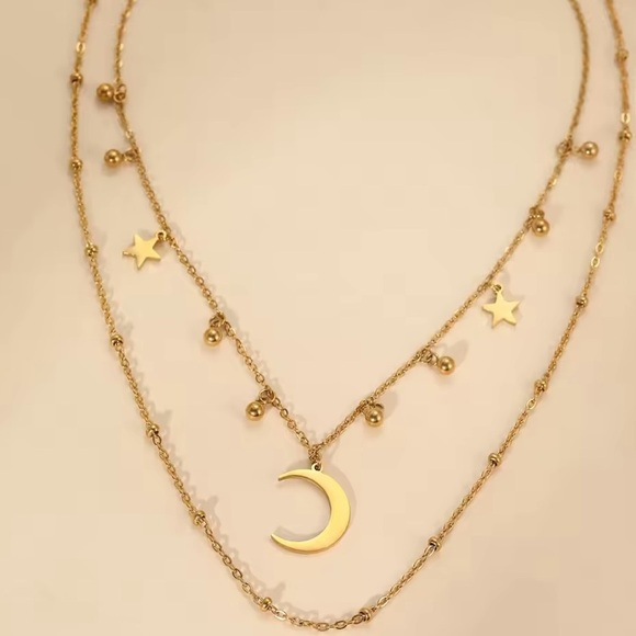 Gold Moon and Star Layered Necklace - Picture 2 of 3